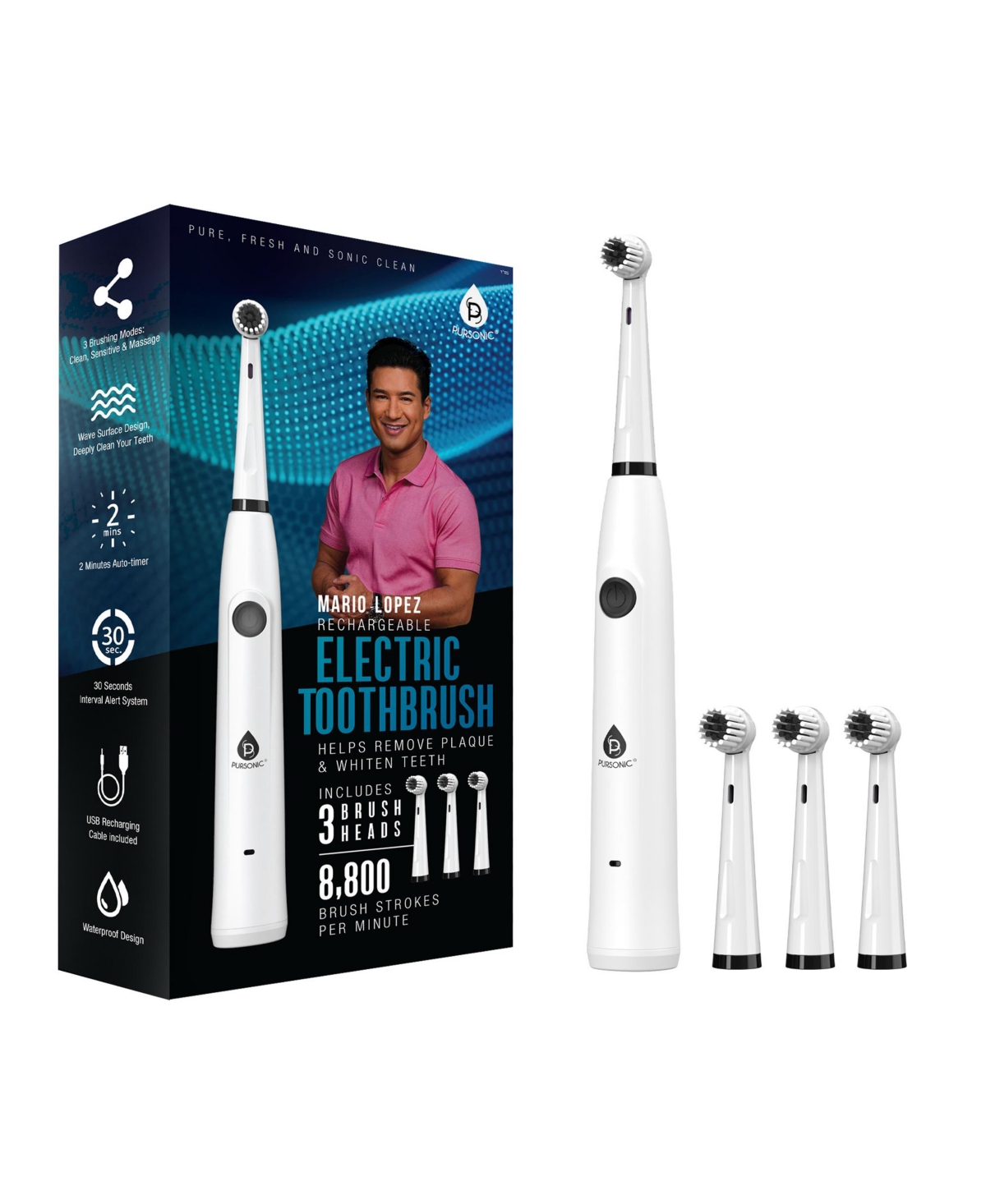 Pursonic Mario Lopez Usb Rechargeable Electric Toothbrush With 3 Brush Heads In White