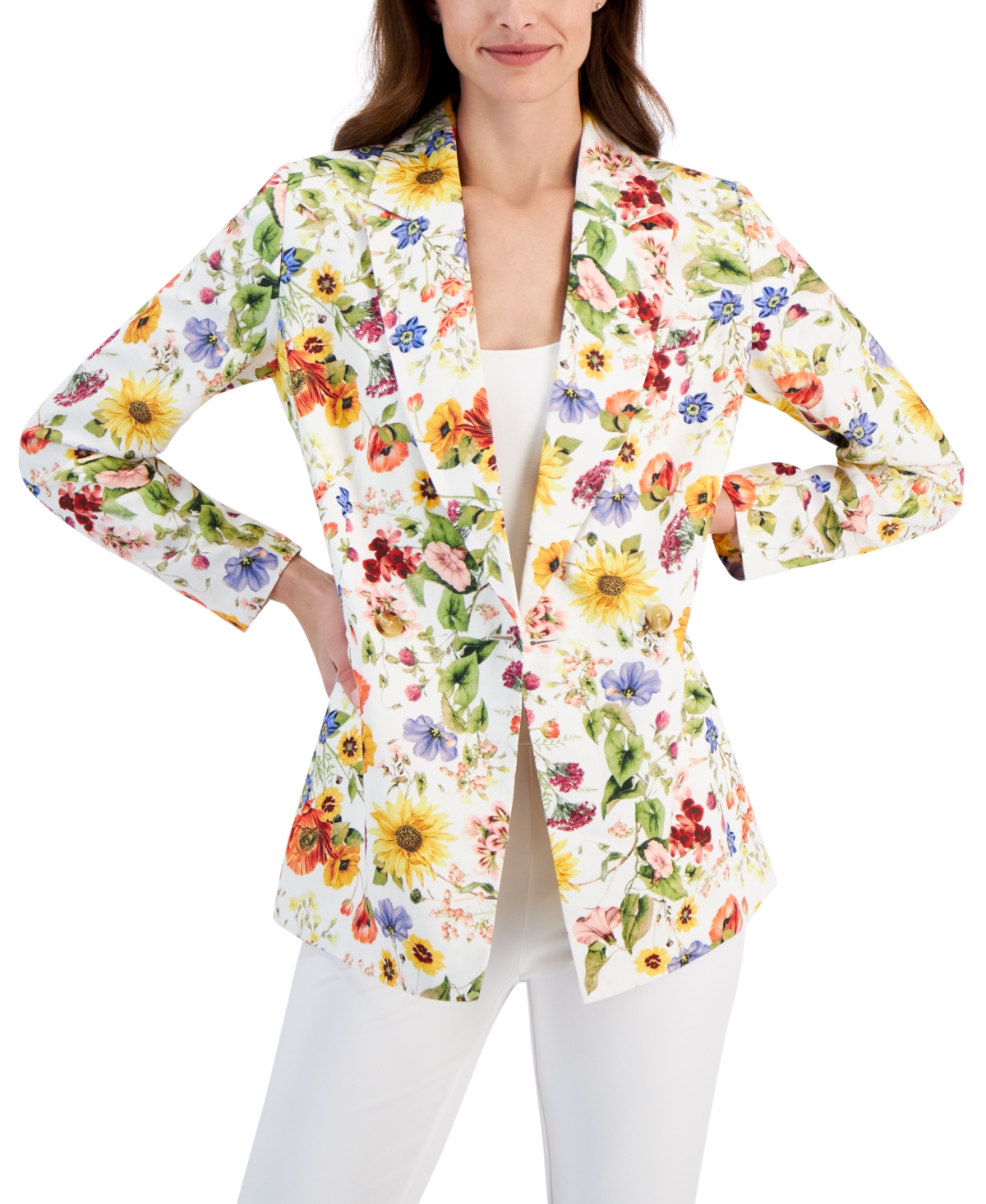 Shop T Tahari Women's Floral-printed Linen-blend Blazer In Sunray Garden White