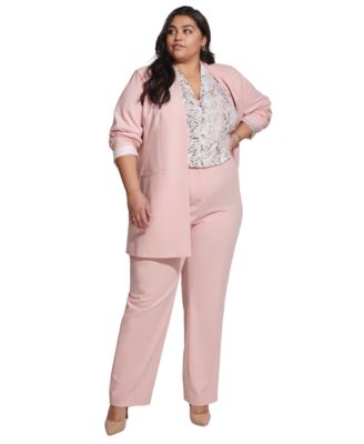 Calvin Klein Plus Size Lux Open Front Jacket Printed V Neck Camisole Top Lux Modern Fit Pants In Silver Pink