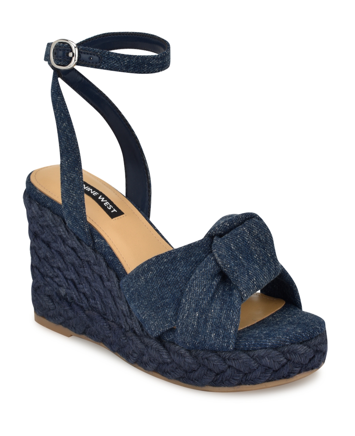 Shop Nine West Women's Dotime Almond Toe Ankle Strap Wedge Sandals In Blue Denim