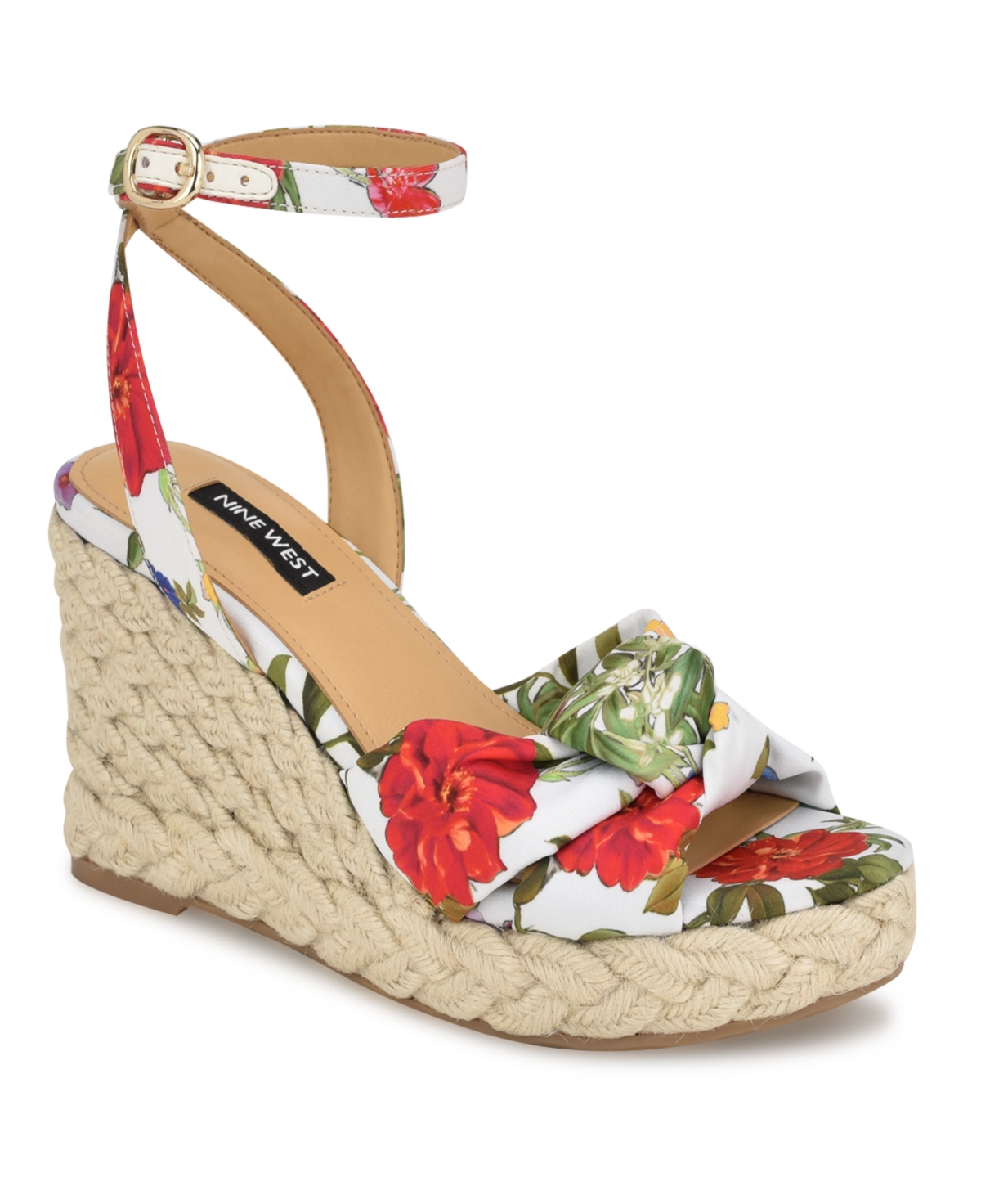 Shop Nine West Women's Dotime Almond Toe Ankle Strap Wedge Sandals In White Garden Print Multi