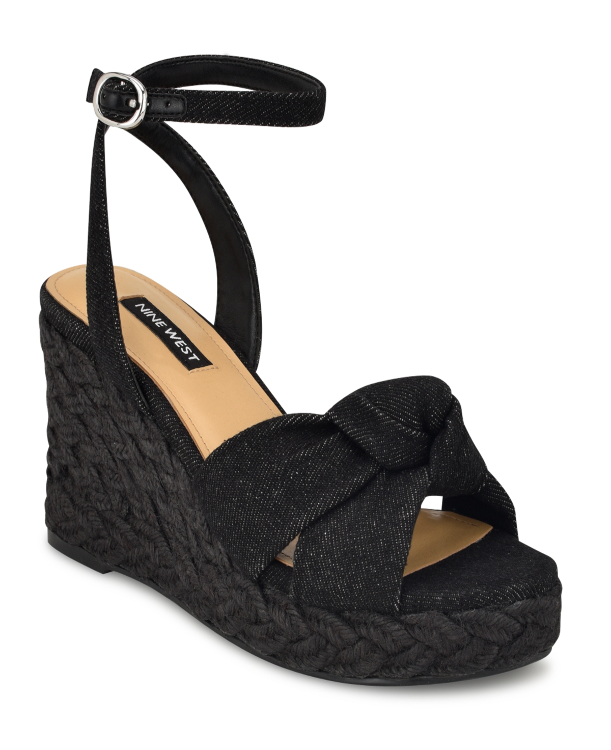 Shop Nine West Women's Dotime Almond Toe Ankle Strap Wedge Sandals In Black Denim