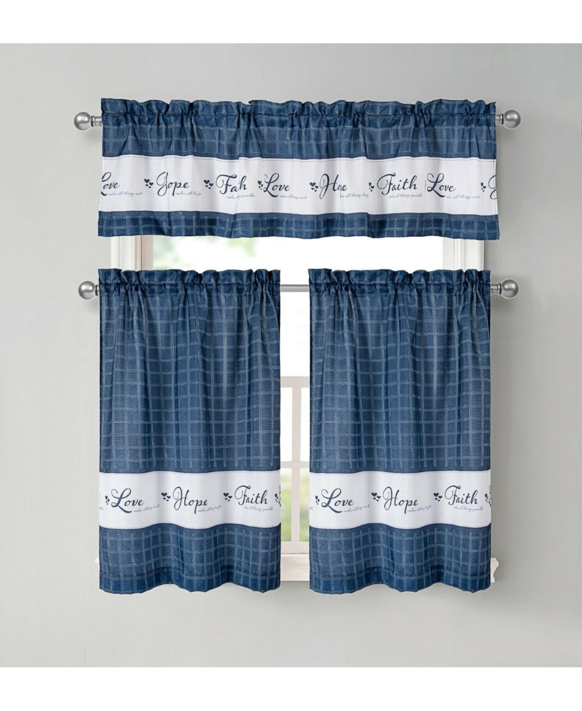 Country Living Gingham Check Hope Faith Love 3 Pc Cafe Kitchen Curtain Set - Gray/sage
