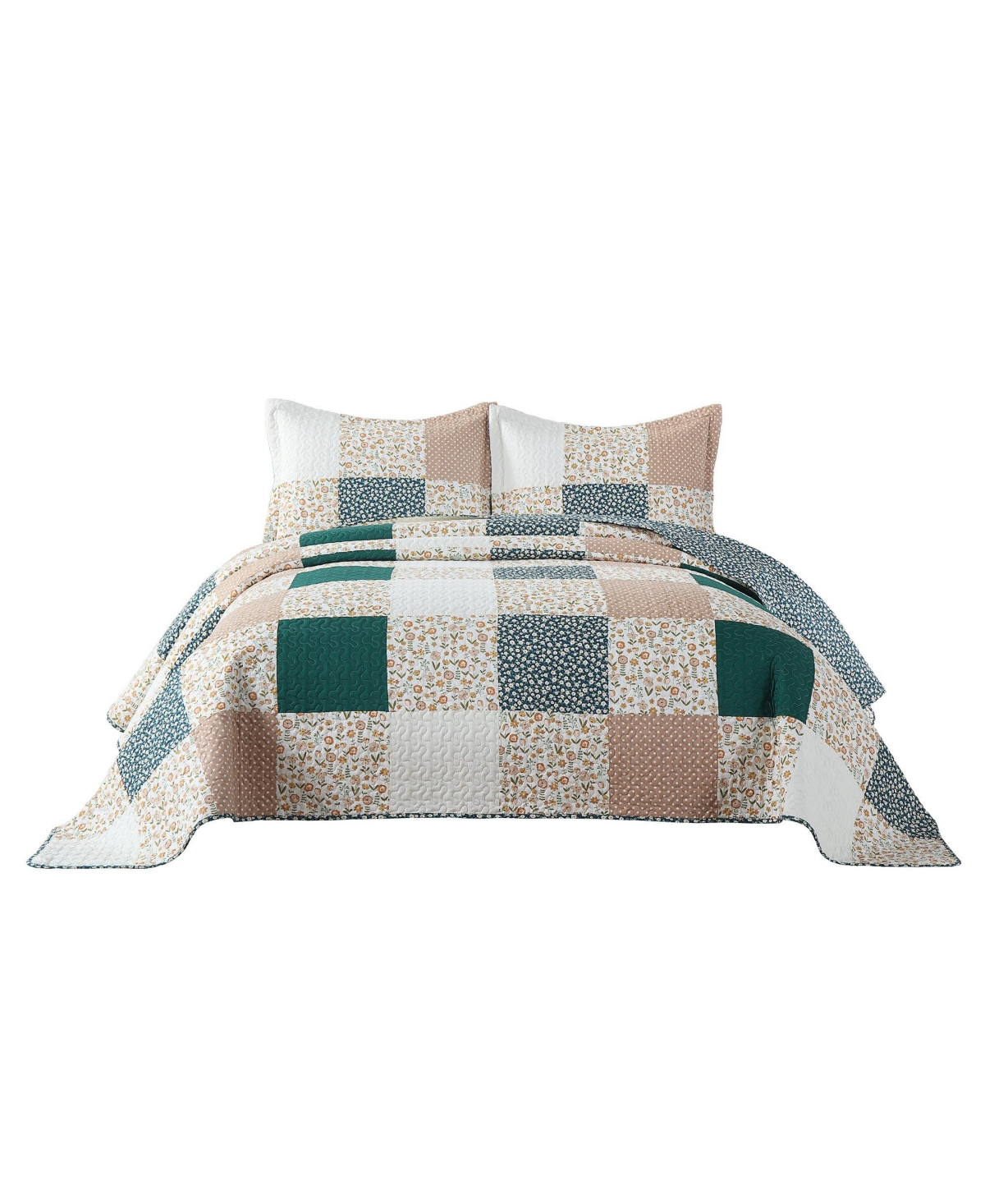 MarCielo 3Pcs Handcrafted Christmas Patchwork Cotton Vintage Style Holiday Bedspread Set -