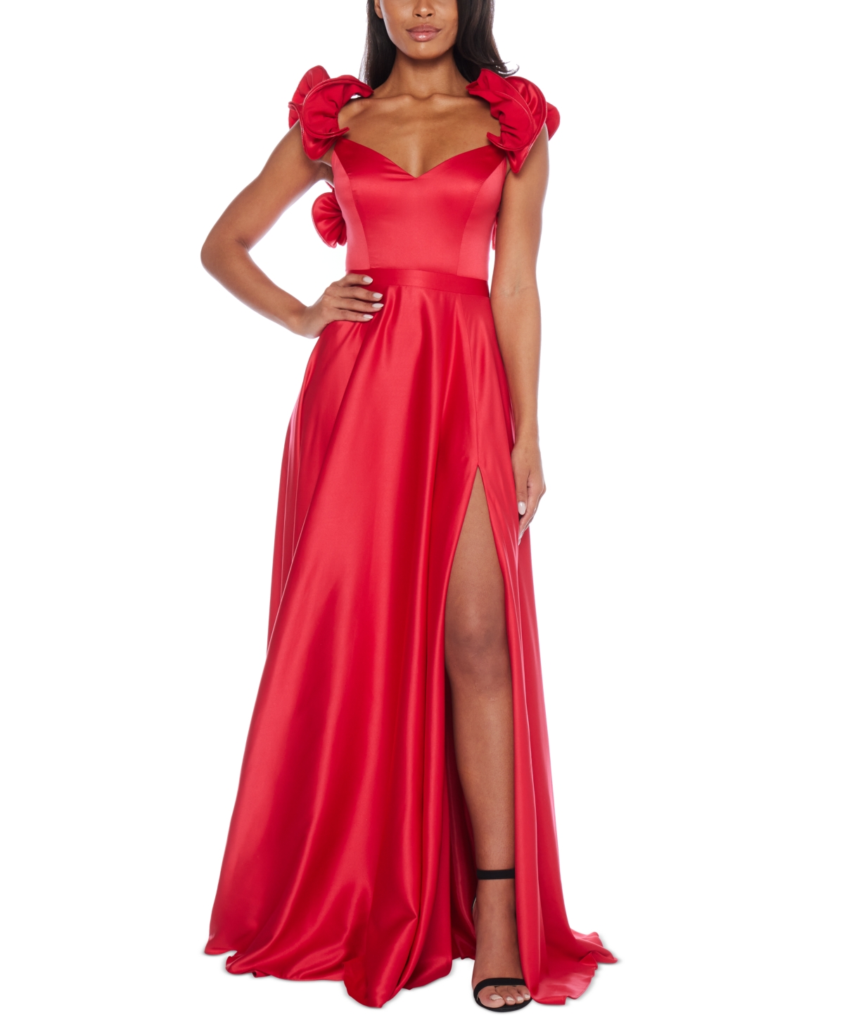 Juniors' V-Neck Ruffled Lace-Up Gown - Red