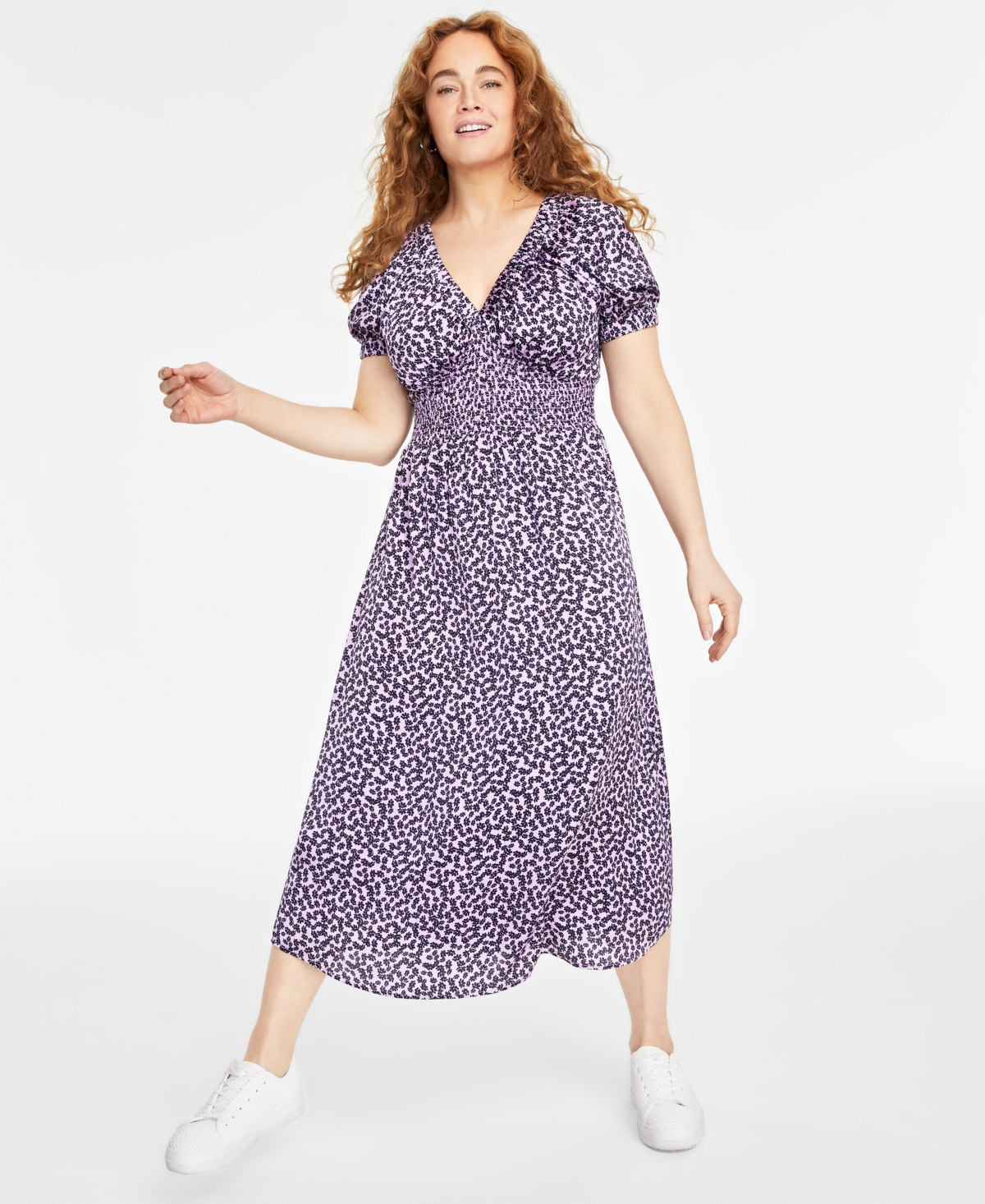 On 34th Women's Short-sleeve Smock-waist Midi Dress, Created For Macy's In Calla Lilac Combo