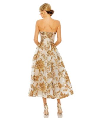 Women's Strapless Brocade Midi Dress With Pockets