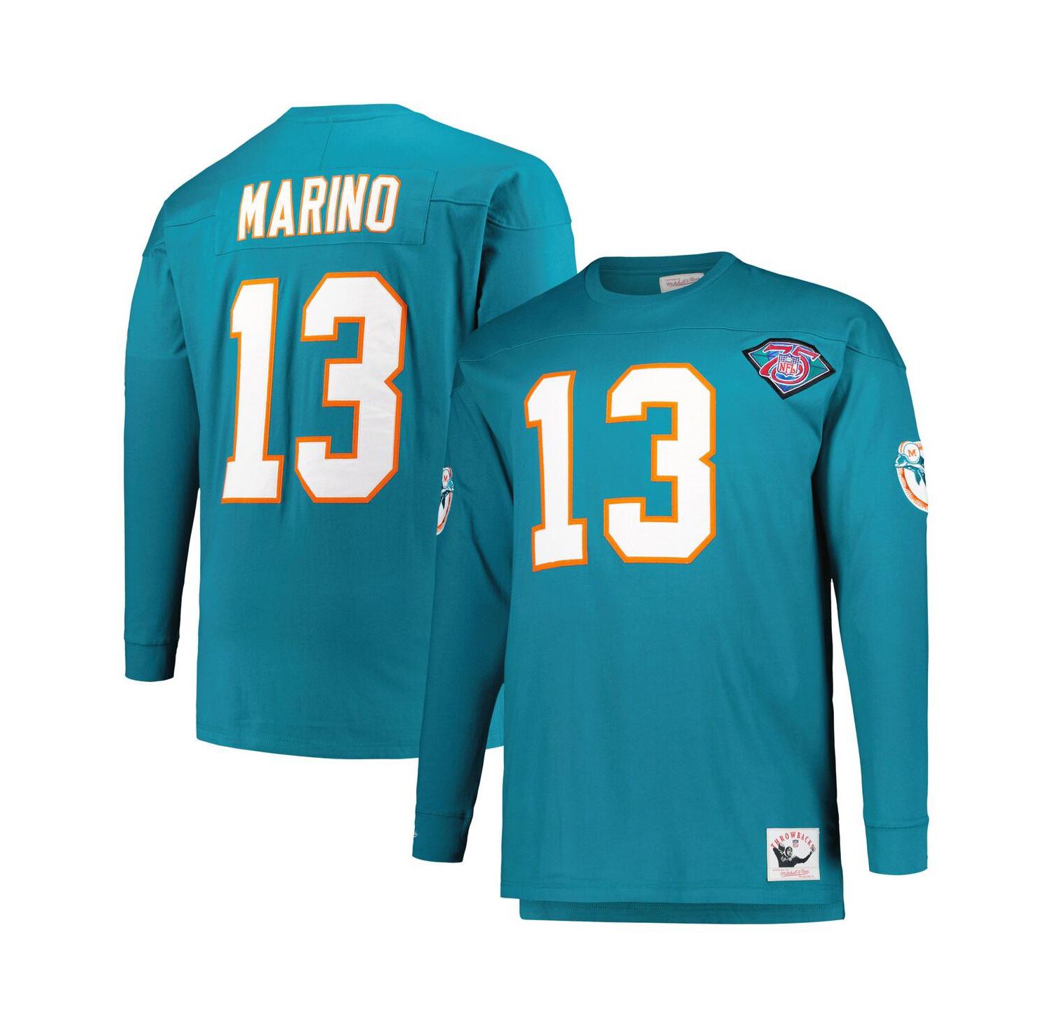 Men's Dan Marino Aqua Miami Dolphins Big and Tall Cut and Sew Player Name and Number Long Sleeve T-shirt