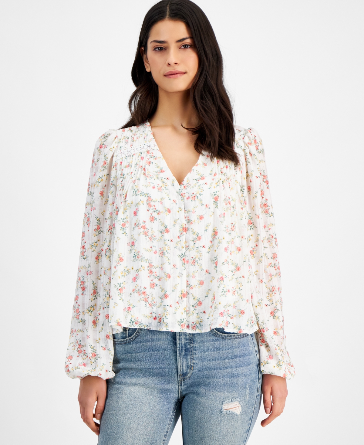 Shop And Now This Women's Floral-print Pleated Lace-trim Blouse In White Floral