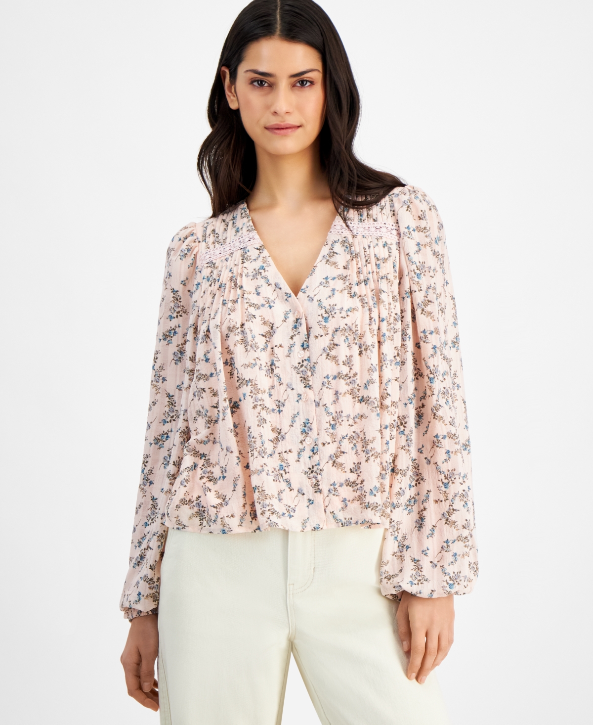 Shop And Now This Women's Floral-print Pleated Lace-trim Blouse In Pink Lotus Floral