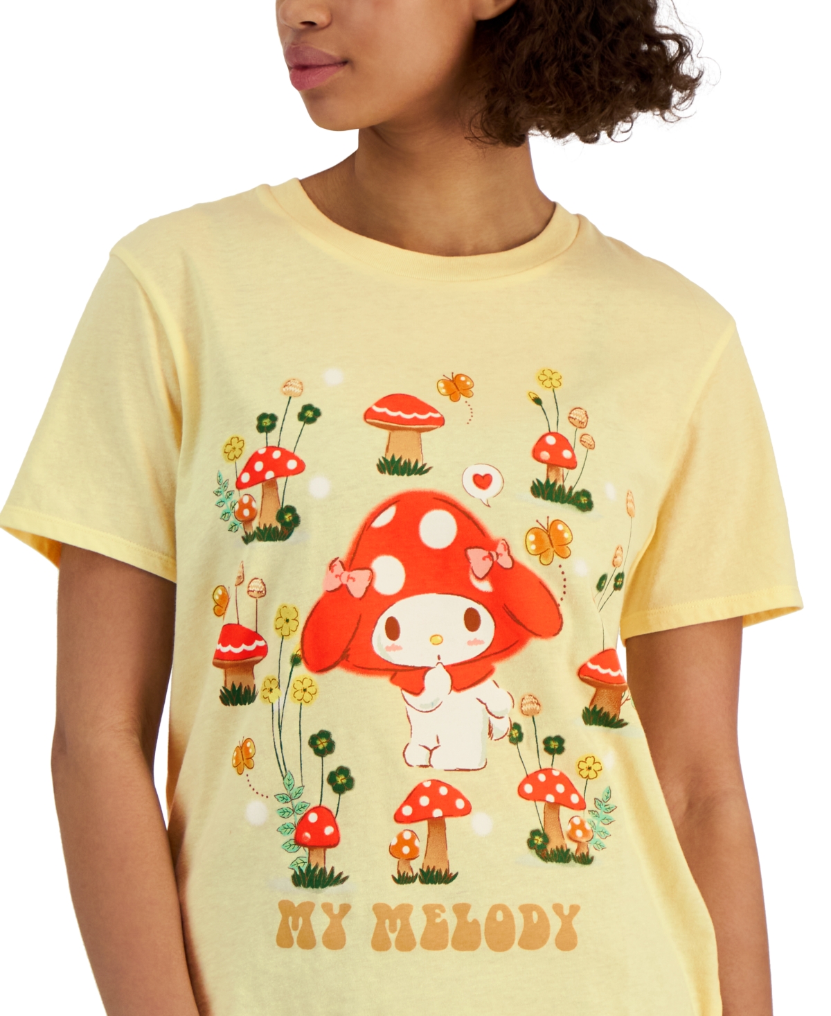 Shop Love Tribe Juniors' My Melody Mushroom Graphic-print Tee In Anis Flower