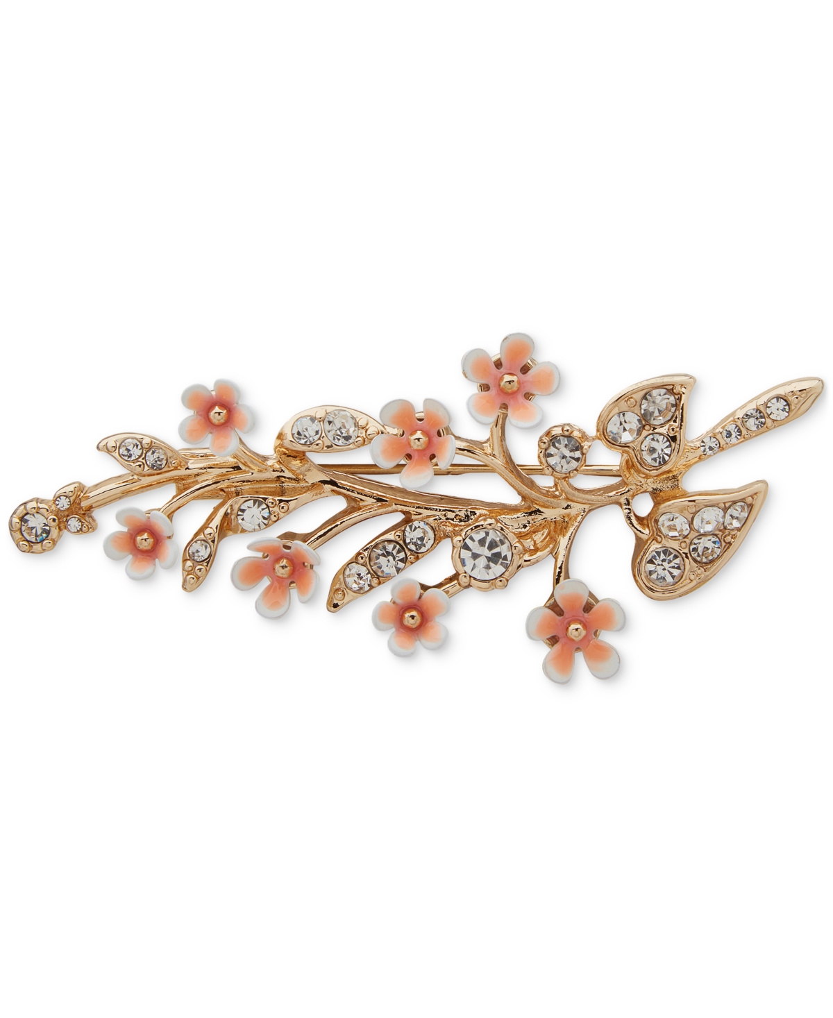 Gold-Tone Crystal & Pink Flower Sprig Pin - Ivory