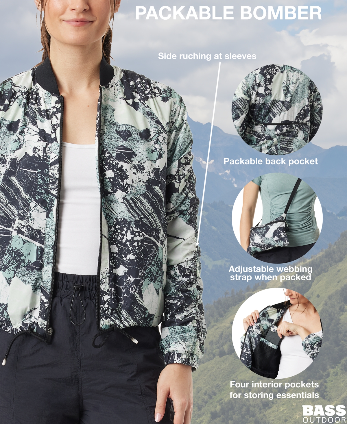 Shop Bass Outdoor Women's Printed Packable Bomber Jacket In Black Beauty