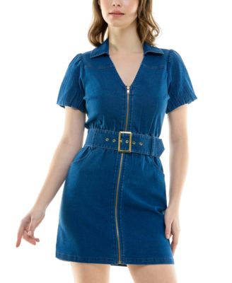 Rosie Harlow - Juniors' Zip-Front Belted Denim Dress