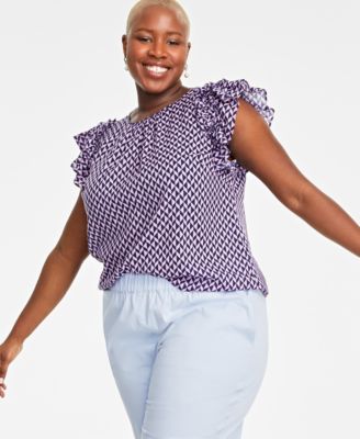On 34th - Trendy Plus Size Geometric-Print Flutter-Sleeve Blouse