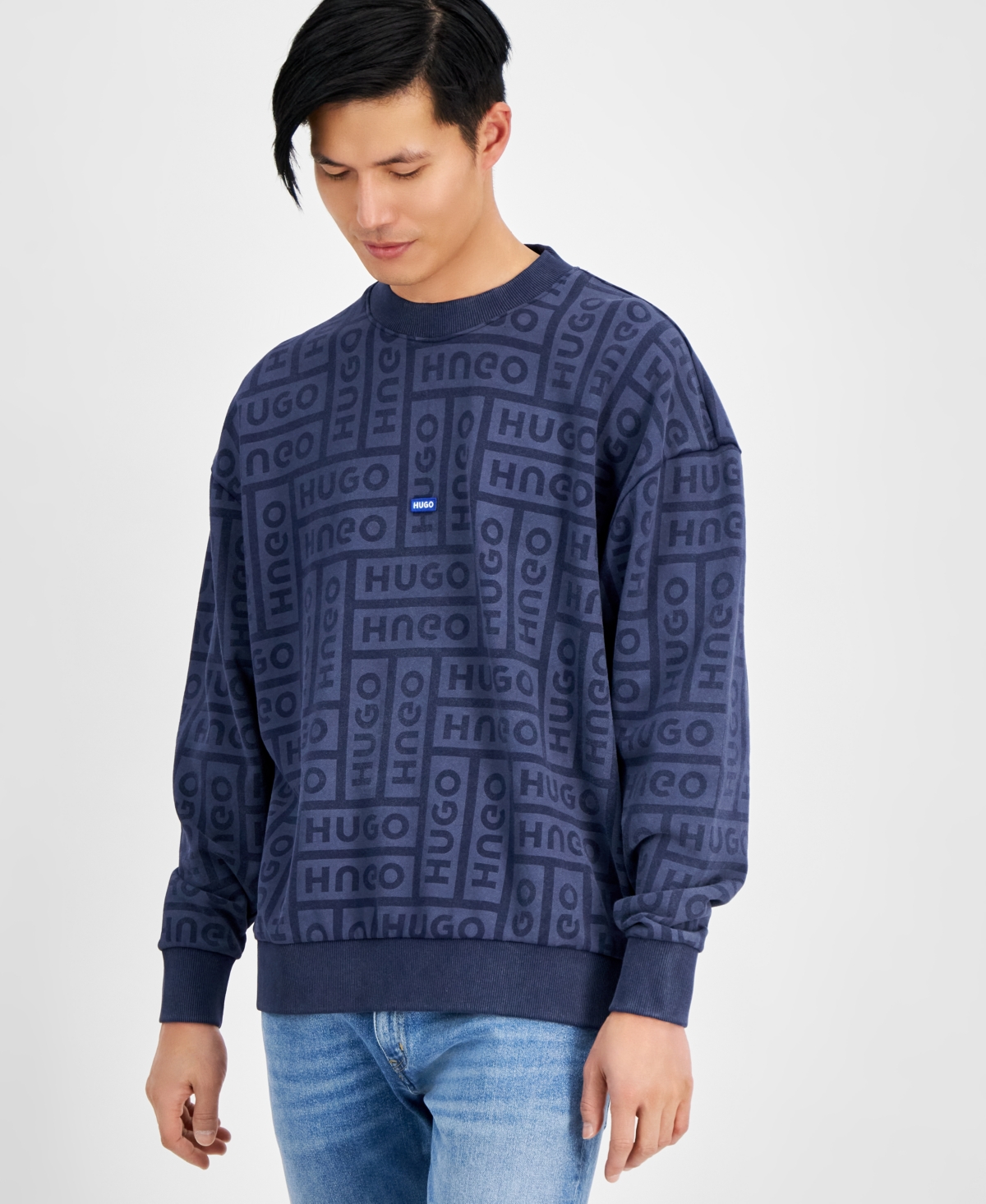 Shop Hugo By  Boss Men's Loose-fit Logo-print Crewneck Sweatshirt In Open Blue