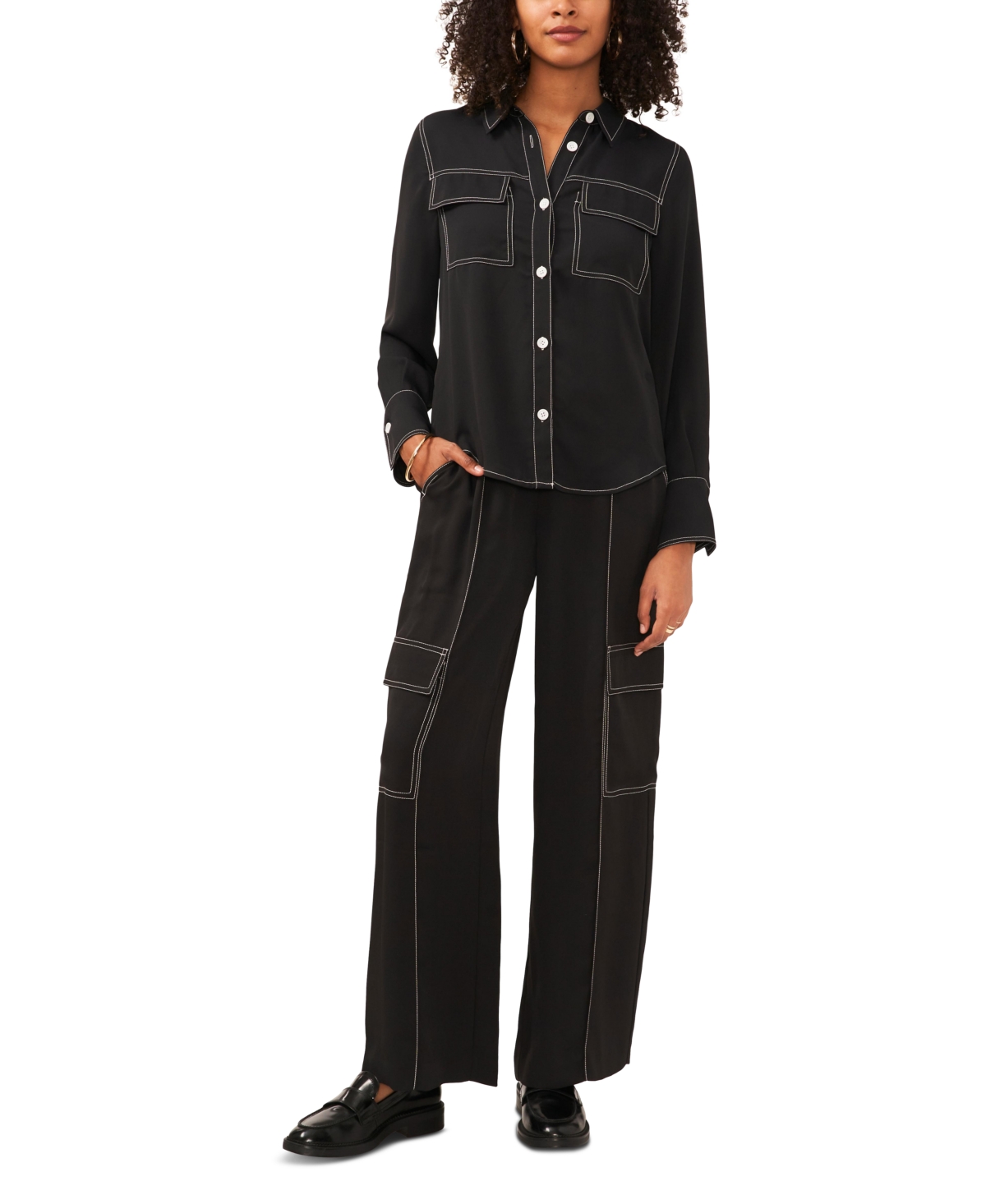 Shop Vince Camuto Women's Contrast Stitch Button Front Collared Blouse In Rich Black
