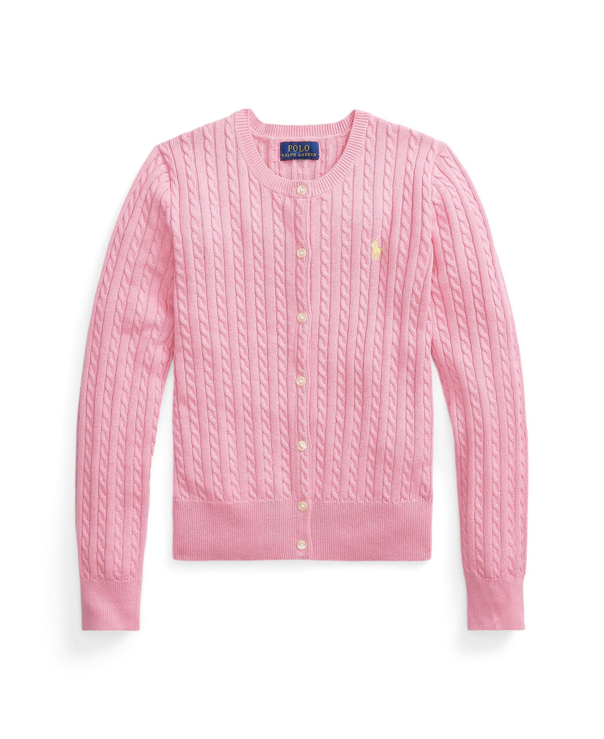 Shop Polo Ralph Lauren Big Girls Mini-cable Cotton Cardigan Sweater In Florida Pink With Oasis Yellow