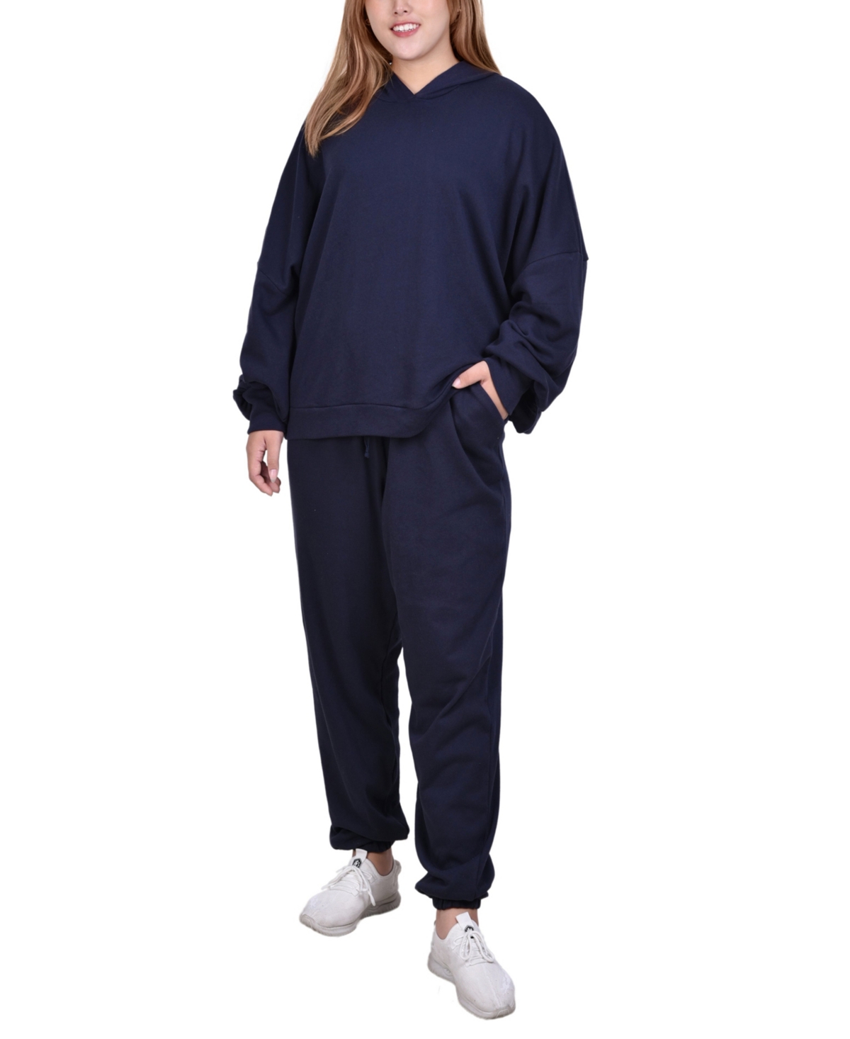 Shop Ny Collection Plus Size Long Sleeve Hooded Sweatshirt And Jogger Pants, 2 Piece Set In Navy