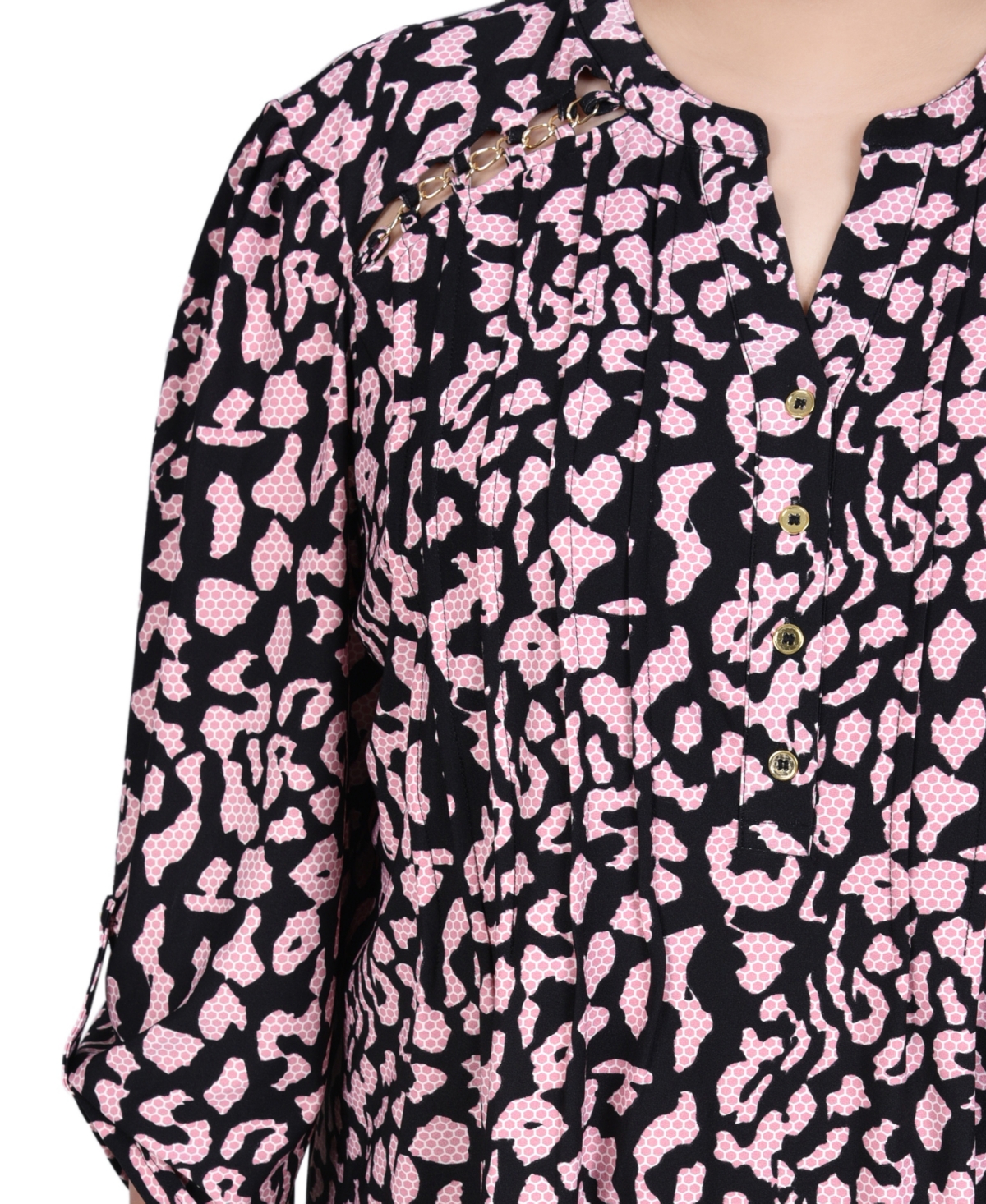Ny Collection Plus Size Long Sleeve Pintuck Front Top with Chain Details