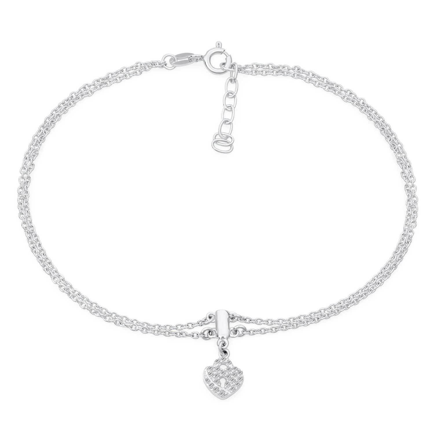 Heart Lock Anklet Charm Ankle Bracelet Double Strand .925 Sterling Silver