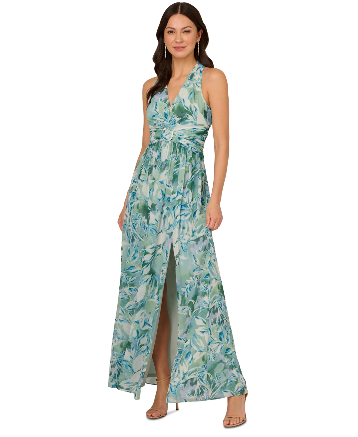 Shop Adrianna Papell Women's Leaf-print Chiffon Shirred Gown In Slate