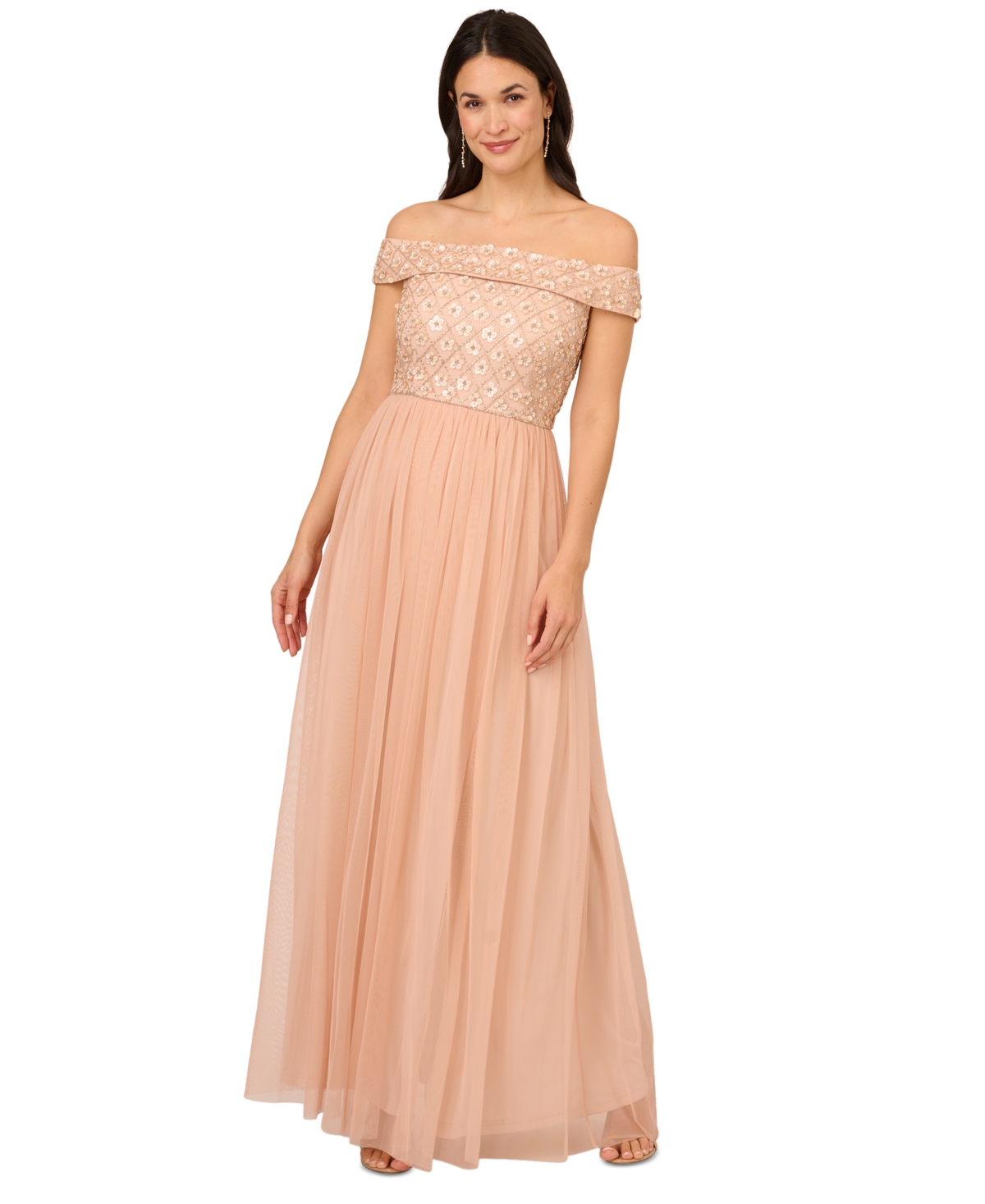 Shop Adrianna Papell Women's Beaded Off-the-shoulder Gown In Blush