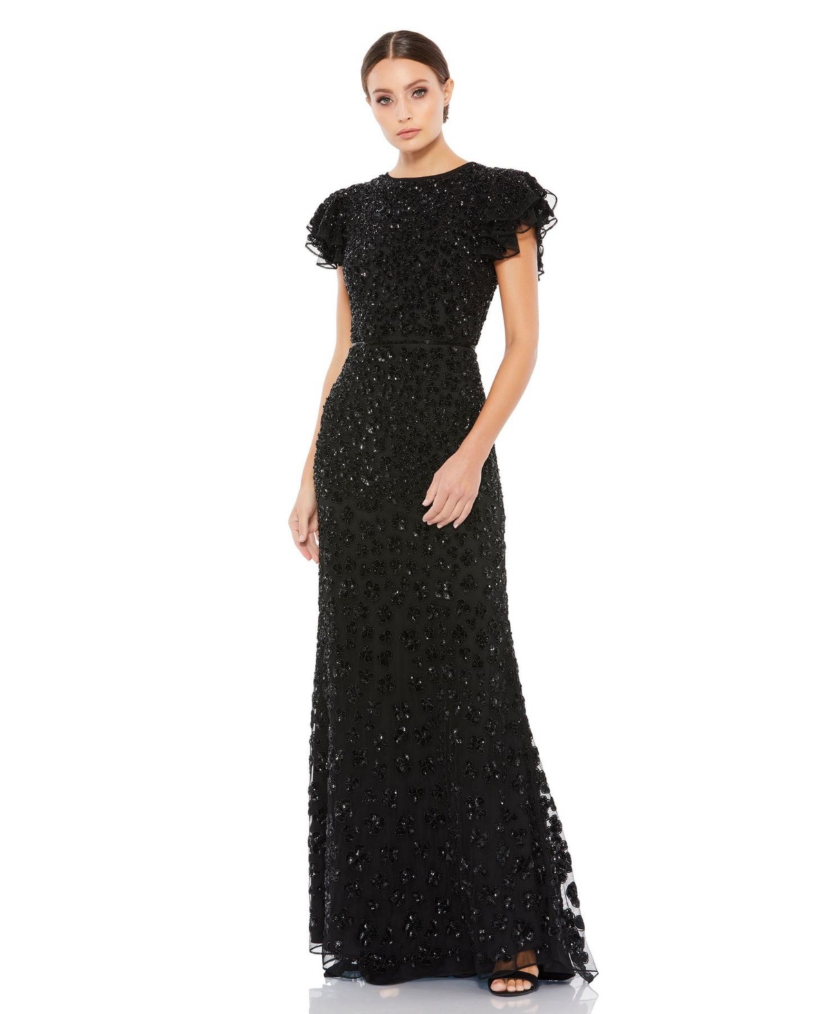 Women's High Neck Flutter Cap Sleeve Gown - Black