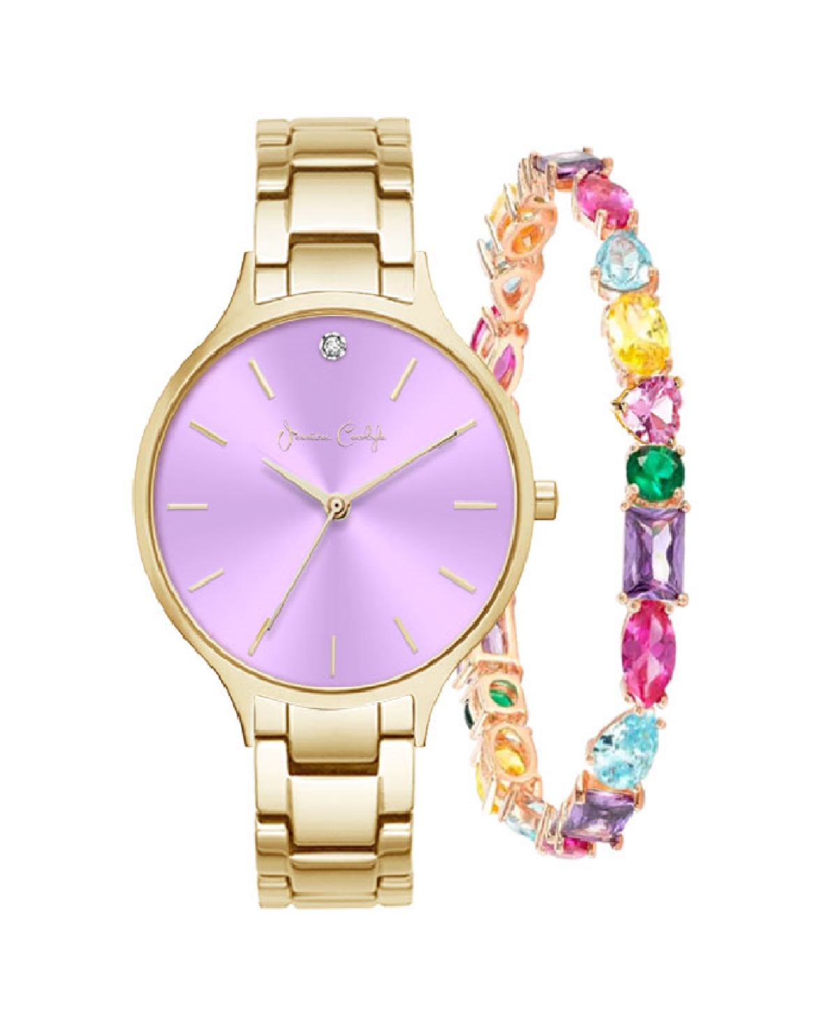 Jessica Carlyle Women's Quartz Gold-tone Alloy Bracelet Watch 36mm Gift Set In Shiny Gold,lavender