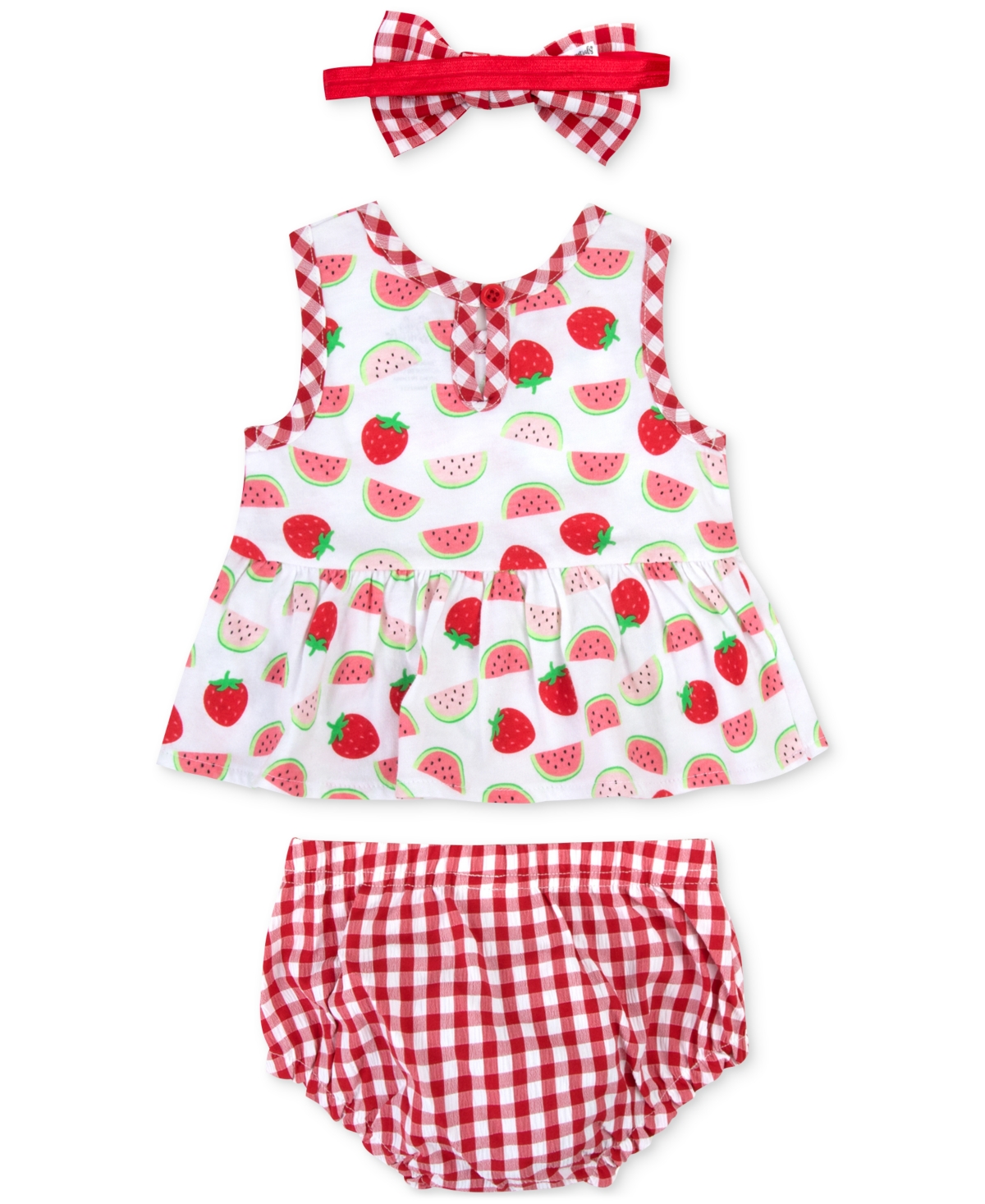 Shop Baby Essentials Baby Girls Fruit-print Top, Bloomer And Headband, 3 Piece Set In Red