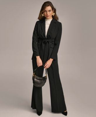Shop Donna Karan Tie Front Pinstripe Blazer Wide Leg Pant In Black,cream