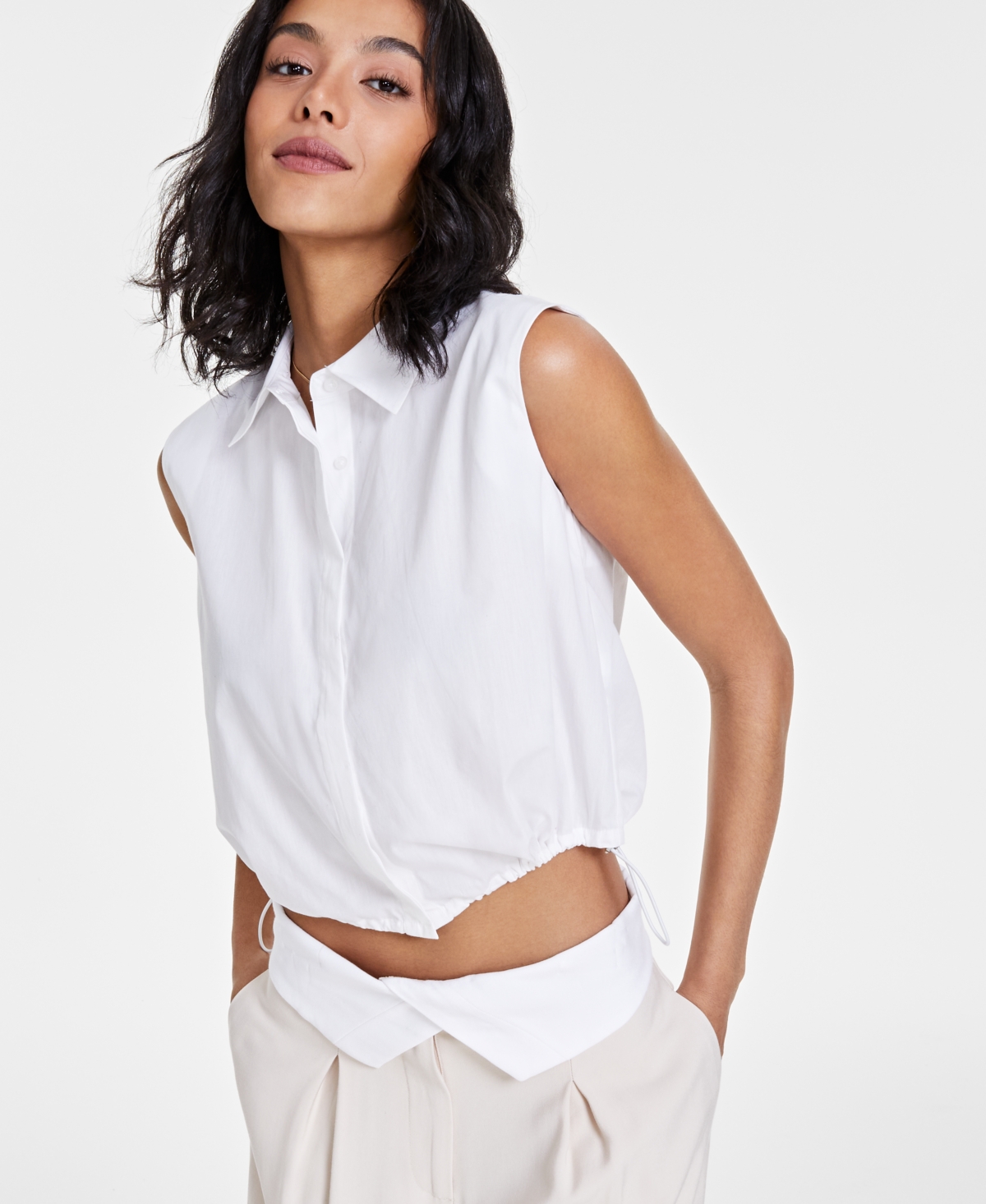 Shop Bar Iii Women's Sleeveless Button-up Corded Top, Created For Macy's In Bright White