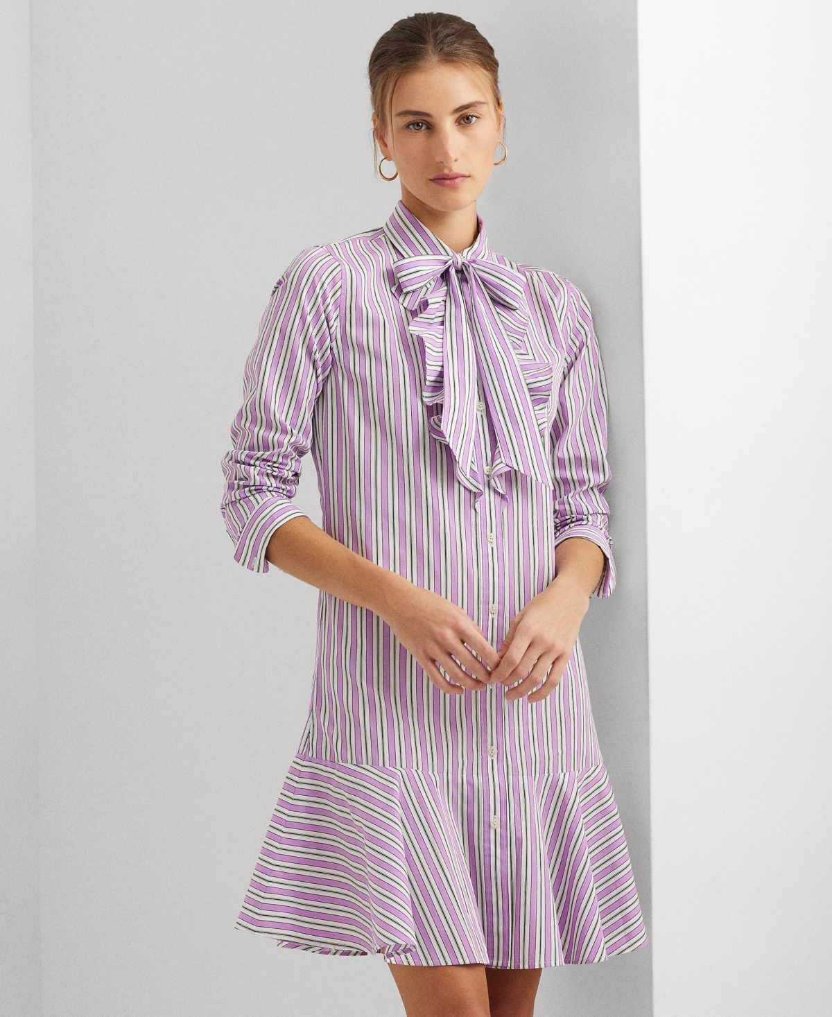 Shop Lauren Ralph Lauren Women's Striped Broadcloth Tie-neck Shirtdress In Purple Multi