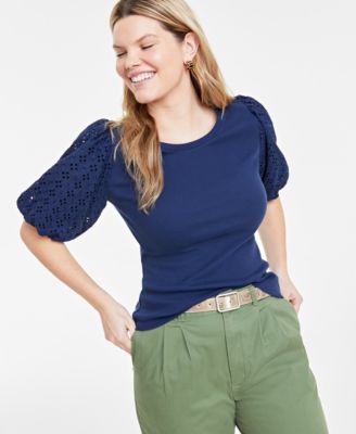 On 34th - Women's Eyelet-Sleeve Scoop-Neck Knit Top