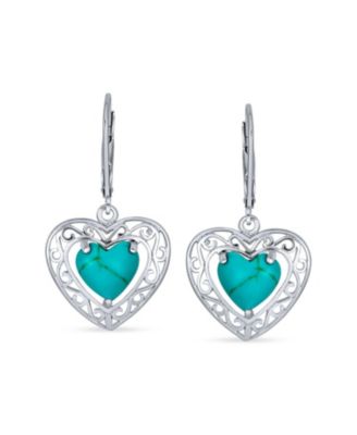 Bali Style Natural Stabilized Turquoise Heart Shape Fish Hook Drop Earrings Scroll Filigree Sterling Silver
