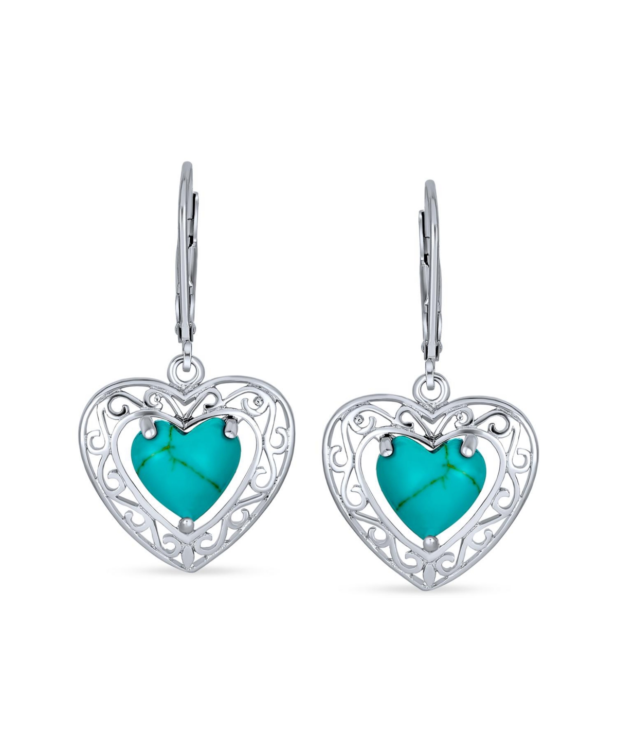 Bling Jewelry Bali Style Natural Stabilized Turquoise Heart Shape Fish Hook Drop Earrings For Women Scroll Filigree Sterling Silver