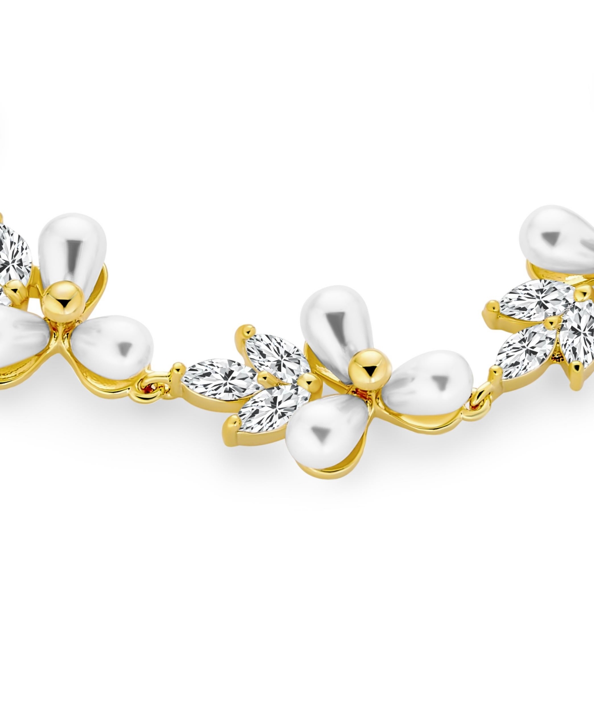 Bling Jewelry Multi Flowers Cz Leaf White Freshwater Cultured Pearl Bracelet For Women 18K Gold Plated