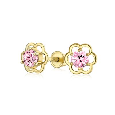 Pink CZ Flower Stud Earrings Pink Imitation Topaz 14K Gold Screwback