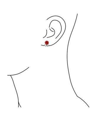 Delicate Floral Blooming Flower Emerald Green CZ Bow Ribbon 3D carved Red Rose Stud Earrings Sterling Silver