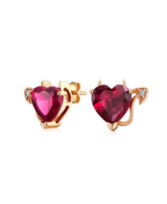 Whimsical Valentine Red CZ Cubic Zirconia Devil Heart Shape Stud Earrings Rose Gold Sterling Silver