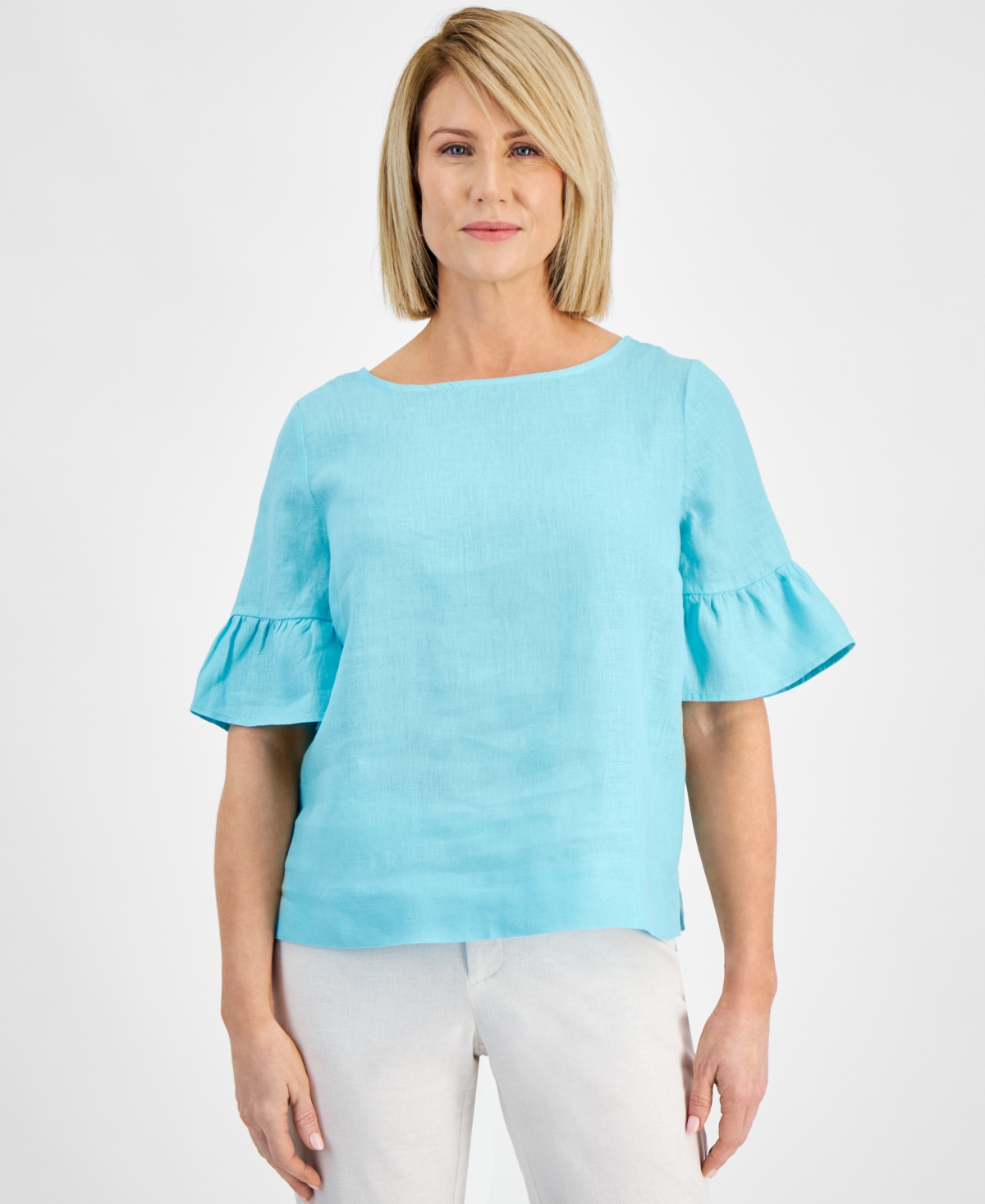 Petite Boat Neck Bell-Sleeve Linen Top, Created for Macy's - Light Pool Blue