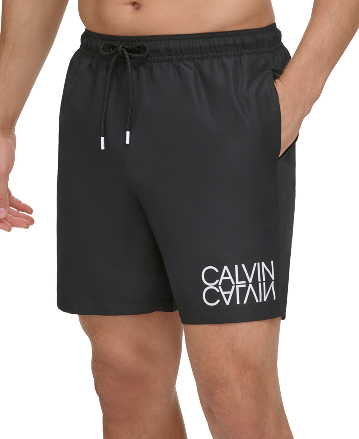 Shop Calvin Klein Men's Reflection Logo Elastic Waist 7" Volley Swim Trunks In Black
