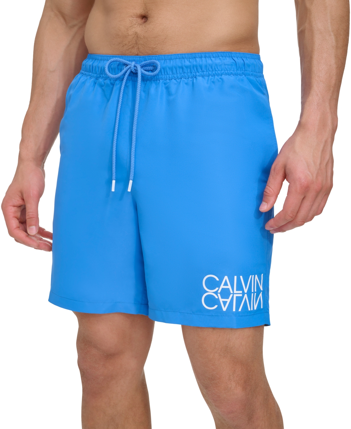Shop Calvin Klein Men's Reflection Logo Elastic Waist 7" Volley Swim Trunks In Blue
