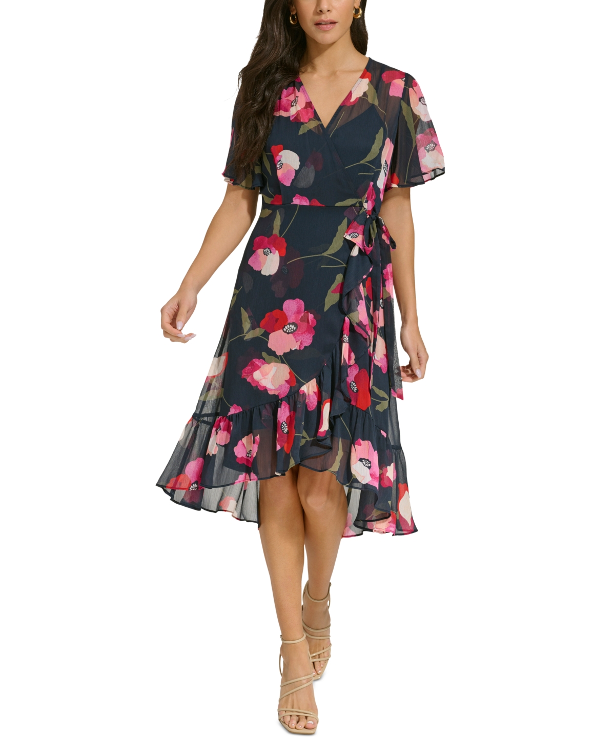 Shop Calvin Klein Petite Flutter-sleeve Faux-wrap Dress In Indigo Multi