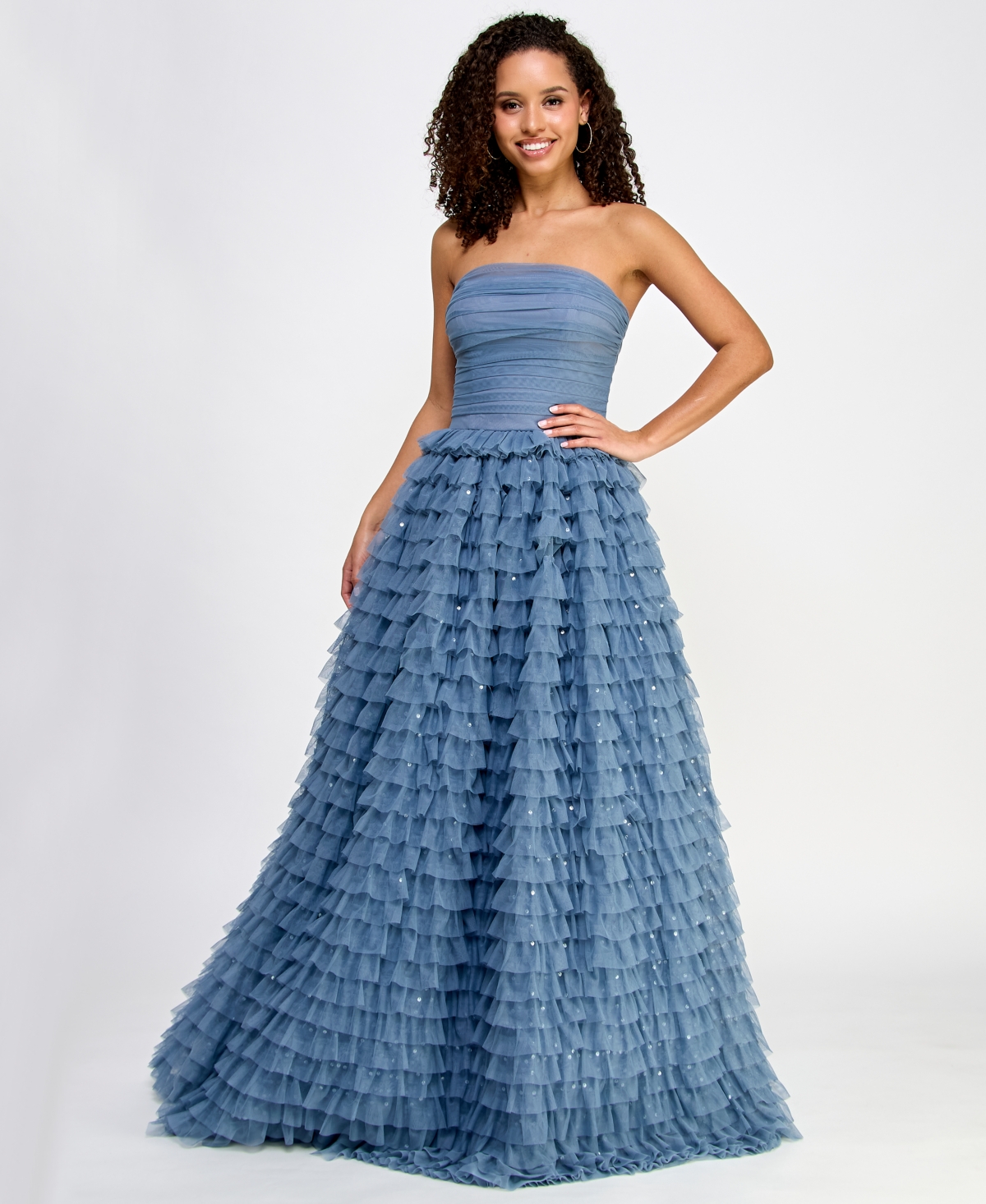 Juniors' Multi-Ruffle Sequined Ball Gown, Created for Macy's - Slate/Grey/Iridescent