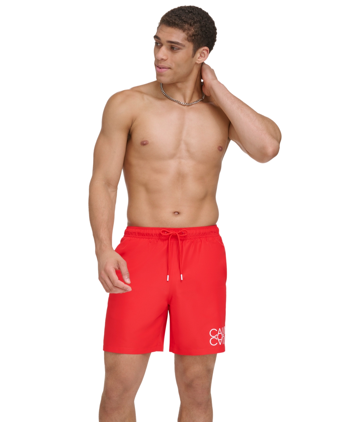 Shop Calvin Klein Men's Reflection Logo Elastic Waist 7" Volley Swim Trunks In Red
