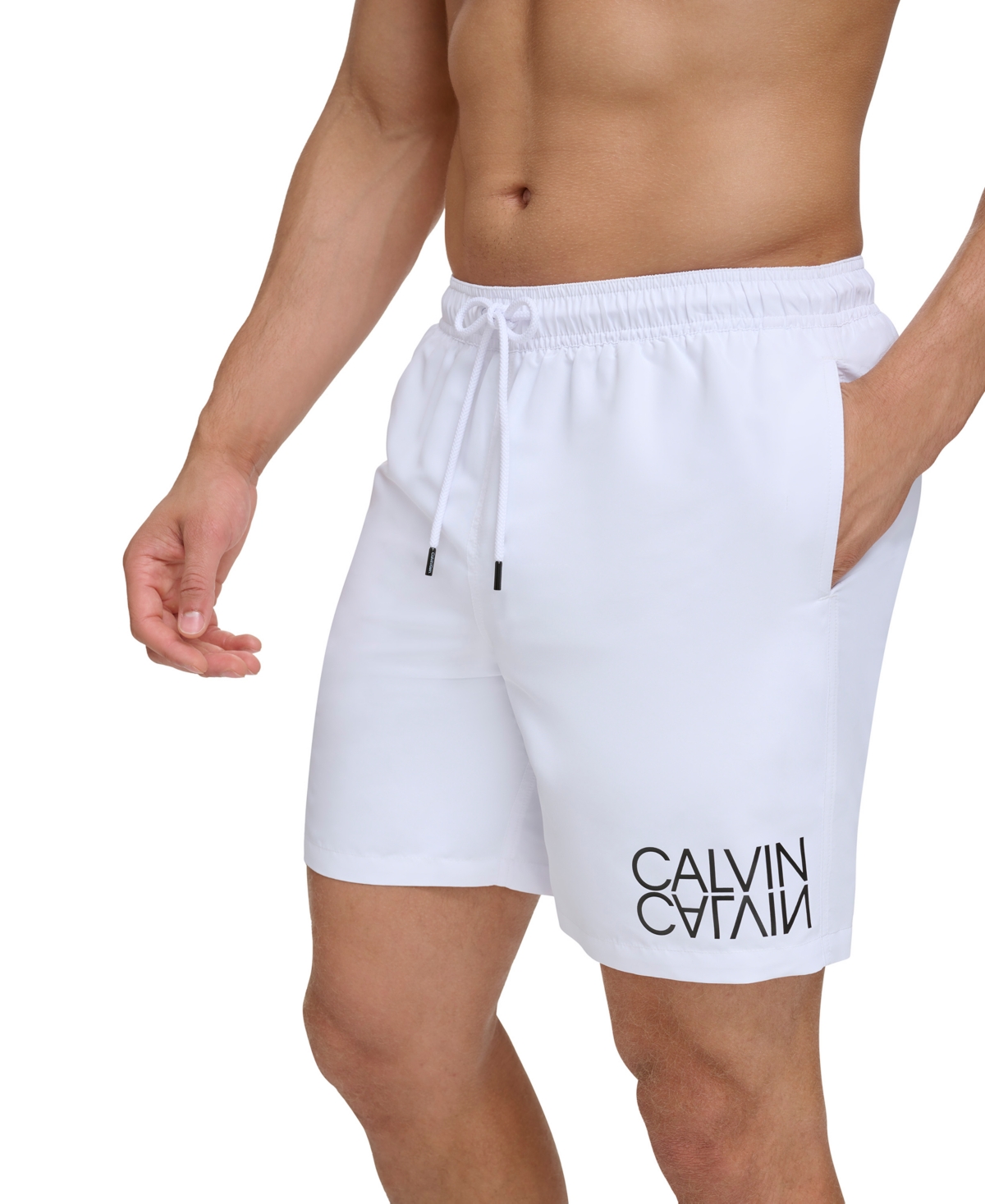 Shop Calvin Klein Men's Reflection Logo Elastic Waist 7" Volley Swim Trunks In White