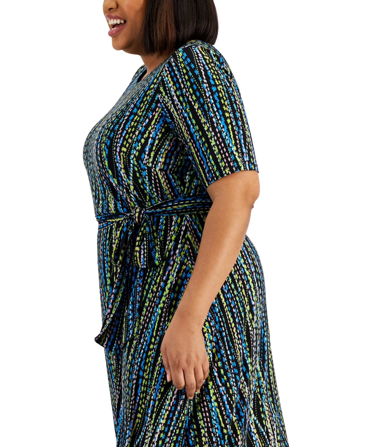 Shop Kasper Plus Size Abstract-print Belted Elbow-sleeve Dress In Black,riviera
