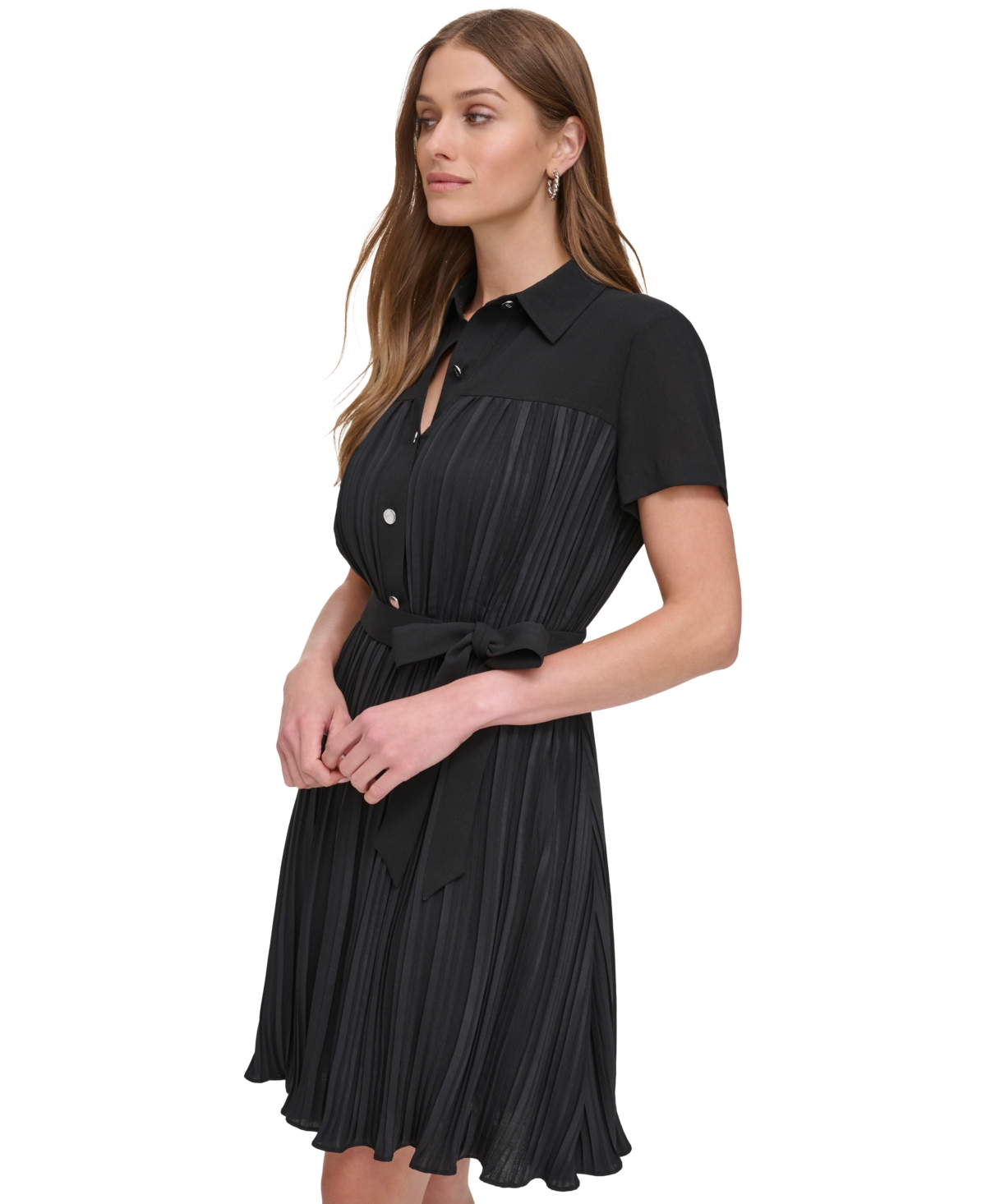 Shop Dkny Women's Short-sleeve Pleated Shirtdress In Black
