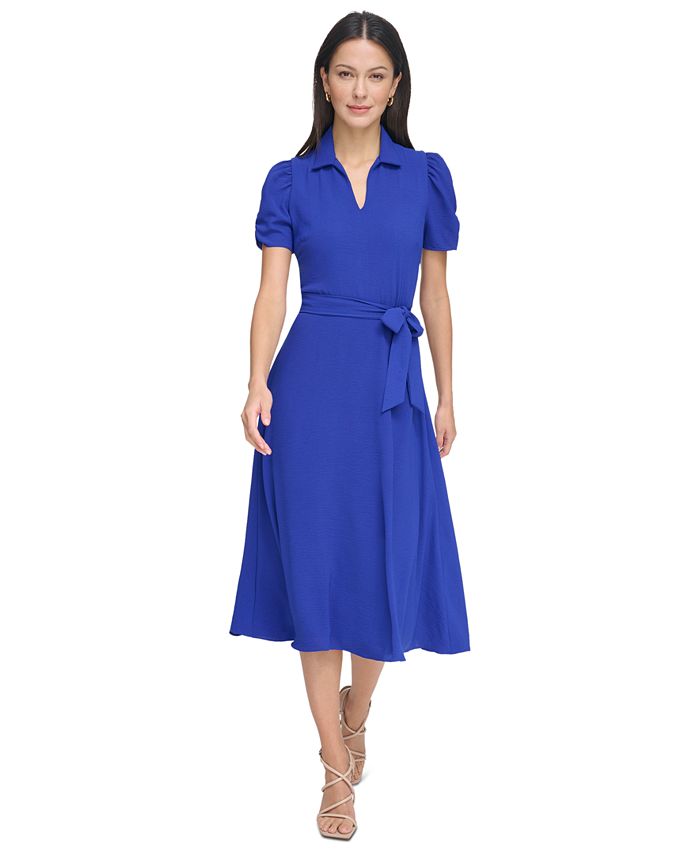 DKNY Women s Tie Waist Point Collar A Line Dress Macy s